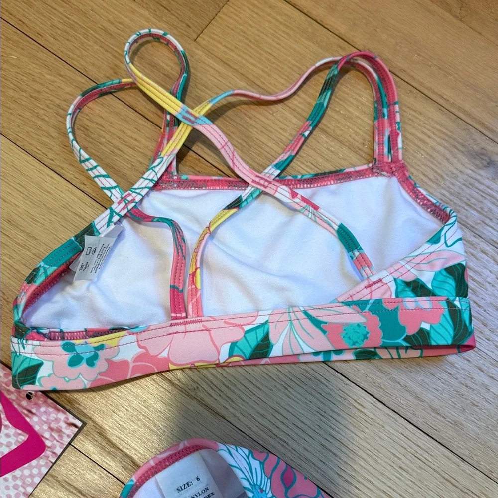 Kanu Surf Two Piece Kids Pink Floral Racerback Bikini with Pink, Teal & Yellow
